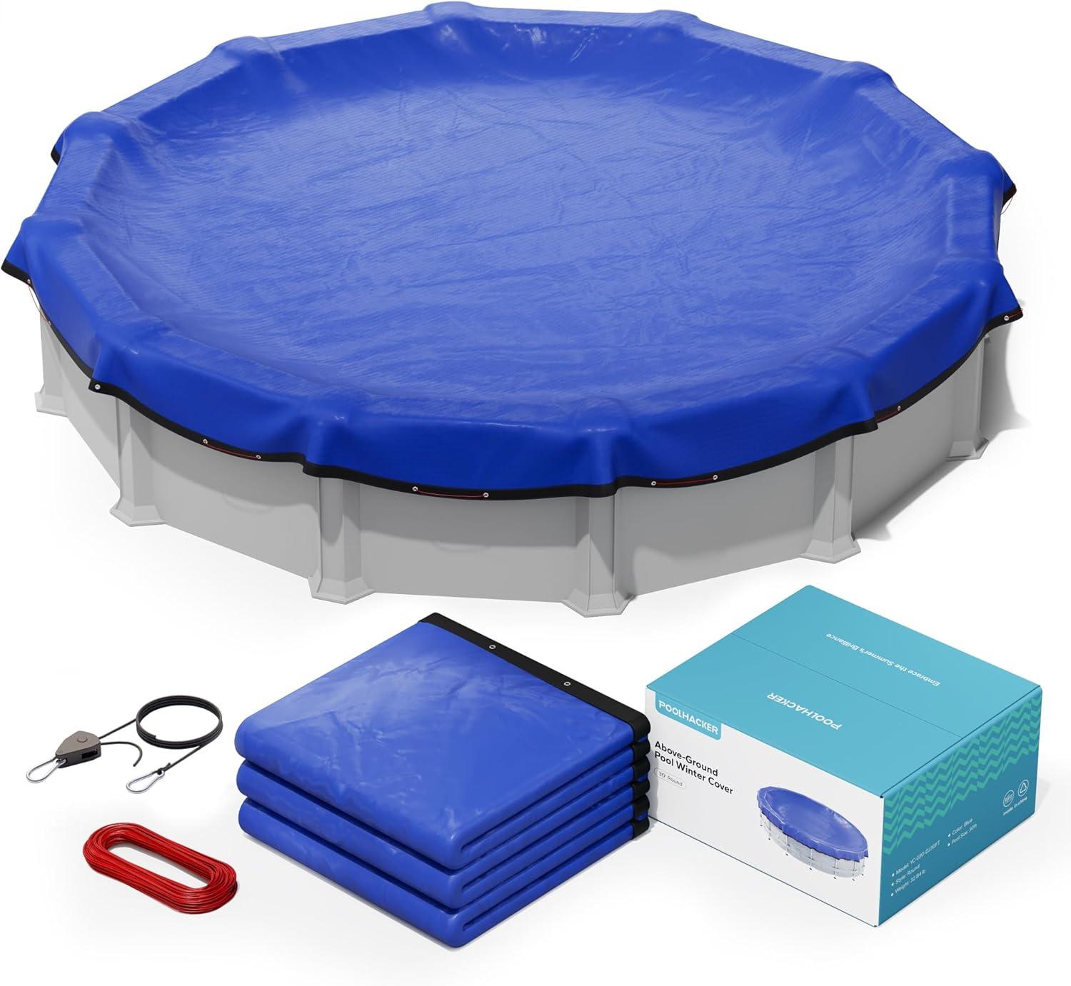 imagePOOLHACKER2025 Upgrade 21 ft Winter Pool Cover 21ft Round Above Ground 4 Foot Overlap Extra Thick 420D Pool Cover with Pulley and Cable RedBlue