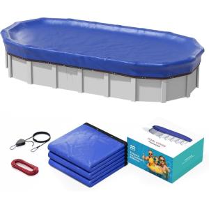 16×32 FT Oval Pool Cover – 420D Extra Thick Winter Pool Cover for Above Ground Pools, 4 Ft Overlap with Pulley & Cable, Cold-Resistant, Tear-Resistant & Dustproof(BLUE)