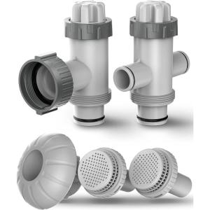 POOLHACKER Above Ground Swimming Pool Inlet & Outlet Water Replacement Parts Kit, Includes 1.5″ Inlet Nozzle, 1.25″ Outlet Strainer, Dual Split Hose Plunger Valve & Shut Off Valve